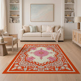 Vibrant Orange Border Pink Floral Medallion Rug