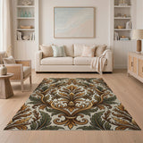 Elegant Gold Green Floral Damask Area Rug