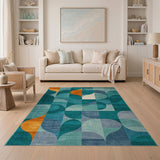 Teal Orange Curved Geometric Abstract Area Rug