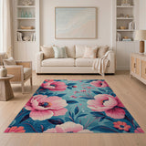 Vibrant Pink Peony Teal Floral Area Rug
