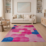Vibrant Pink Blue Hexagon Geometric Area Rug