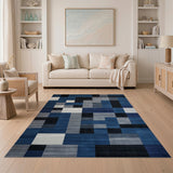 ODIKA Modern Blue Geometric Washable Area Rug, Low Pile & Non-Slip