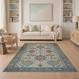 Teal Border Tribal Geometric Area Rug