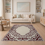 Beige and Neutral Ornate Maroon Floral Border Area Rug