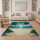 ODIKA Tropical Beach Sunset Washable Rug - Low Pile Non-Slip Coastal Area Rug