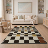 Geometric Grid Area Rug Black Beige Red Gold