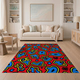 Vibrant Red Kids Cartoon Rug with Blue Whimsical Shapes