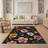 Navy Floral Area Rug with Pink Yellow Blooms