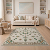 Elegant Beige Floral Border Rug with Teal Daisies
