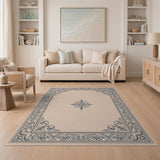 Beige and Neutral Ornate Floral Frame Beige Area Rug