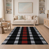 Modern Black Grey Red Plaid Check Area Rug