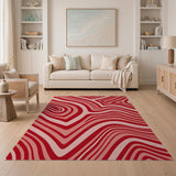 Red Wavy Red Abstract Area Rug
