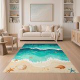 Coastal Beach Washable Area Rug with Ocean Waves and Starfish