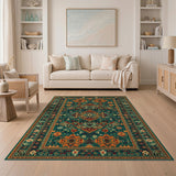 Teal Green Persian Rug with Orange Geometric Motifs