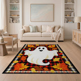 Buffalo Plaid Halloween Ghost Rug with Fall Leaves