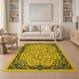Ornate Yellow Floral Vine Border Rug