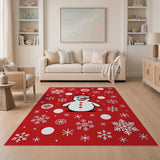 Festive Cartoon Snowman Snowflakes Red Rug