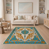 Ornate Blue Gold Traditional Persian Area Rug