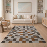 Modern Geometric Grey Rug with Rust Blocks
