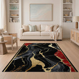 Abstract Marble Black Gold & Red Washable Area Rug - Low Pile, Non-Slip & Pet Friendly