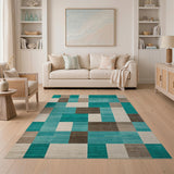 Teal Neutral Geometric Block Area Rug