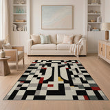 Abstract Geometric Area Rug Black White Red Accents