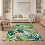 Vibrant Pink Hibiscus Green Palm Leaf Area Rug