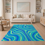 Blue Teal Swirling Waves Abstract Area Rug