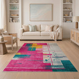 Vibrant Pink Teal Geometric Area Rug