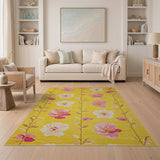 Sunny Yellow Area Rug with Pink Blossoms