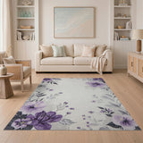 Purple Floral Vintage Area Rug with Grey Leaves