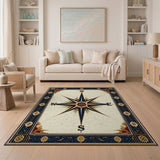 ODIKA Vintage Nautical Compass Rose Washable Area Rug - Non-Slip & Low Pile