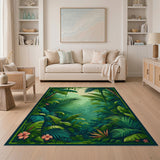 Washable Tropical Botanical Jungle Green Area Rug - Low Pile & Pet Friendly
