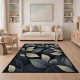 Modern Blue Teal Leaves Area Rug on Black