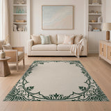 Beige and Neutral Ornate Green Floral Oval Border Area Rug