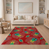 Vibrant Red Peacock Feather Area Rug