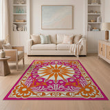 Pink Sunburst Daisy Area Rug with Ornate Floral Borders