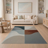 Wavy Abstract Area Rug in Teal, Gray Rust