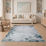 Blue Peony Floral Distressed Grey Area Rug
