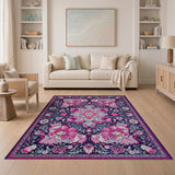 Navy Persian Floral Rug with Vibrant Pink Blooms