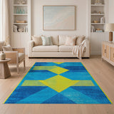 Vibrant Blue Teal Geometric Area Rug with Yellow Accents