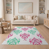 Teal Pink Damask Floral Area Rug