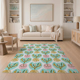 Whimsical Teal Pink Shell Frond Pattern Area Rug