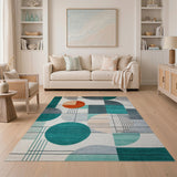 ODIKA Washable Mid-Century Modern Geometric Area Rug, Teal & Orange Low Pile Carpet