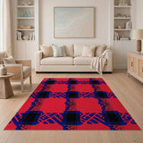 Bold Red Geometric Area Rug with Navy Blue Patterns