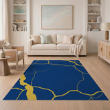 Navy Blue Kintsugi Gold Vein Abstract Area Rug