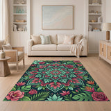 Pink Rose Mandala Area Rug with Greenery