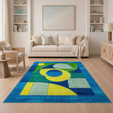 Vibrant Geometric Blue Green Yellow Area Rug