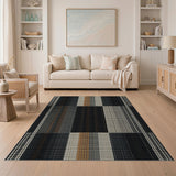 Modern Black Tan Grid Geometric Area Rug