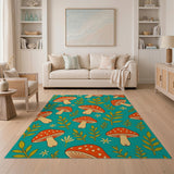 Whimsical Red Mushroom Teal Area Rug